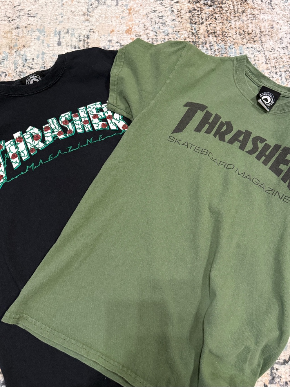 Bundle of two Thrasher Ts Olive Green and floral logo